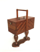 Antique wooden sewing box on legs. Storage box for sewing supplies or jewelry. Cantilever sewing box.