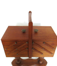 Antique wooden sewing box on legs. Storage box for sewing supplies or jewelry. Cantilever sewing box.