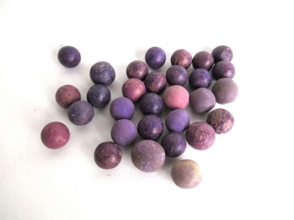 UpperDutch:Marbles,Purple marbles, set of 30 antique clay marbles.