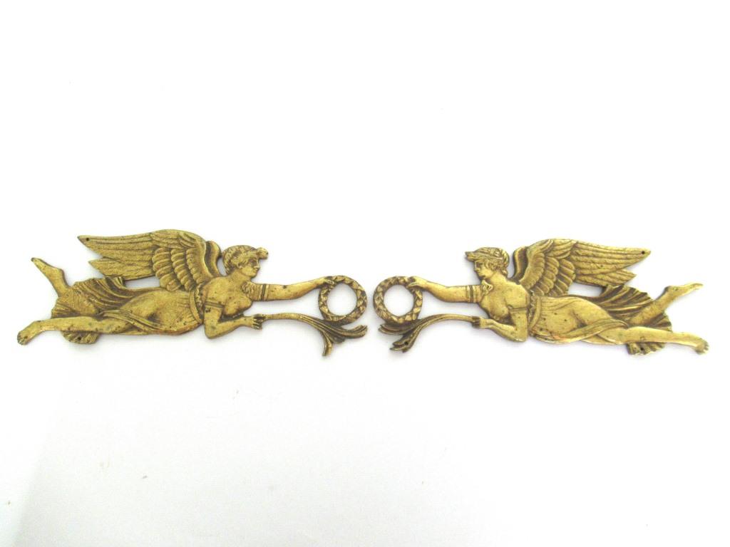 Set of 2 Antique Brass Empire Embellishments, escutcheon.