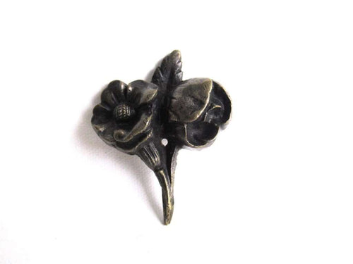 UpperDutch:Hooks and Hardware,Small antique brass ornament, picturing roses / flowers furniture decoration. Antique hardware, flower escutcheon,hardware.