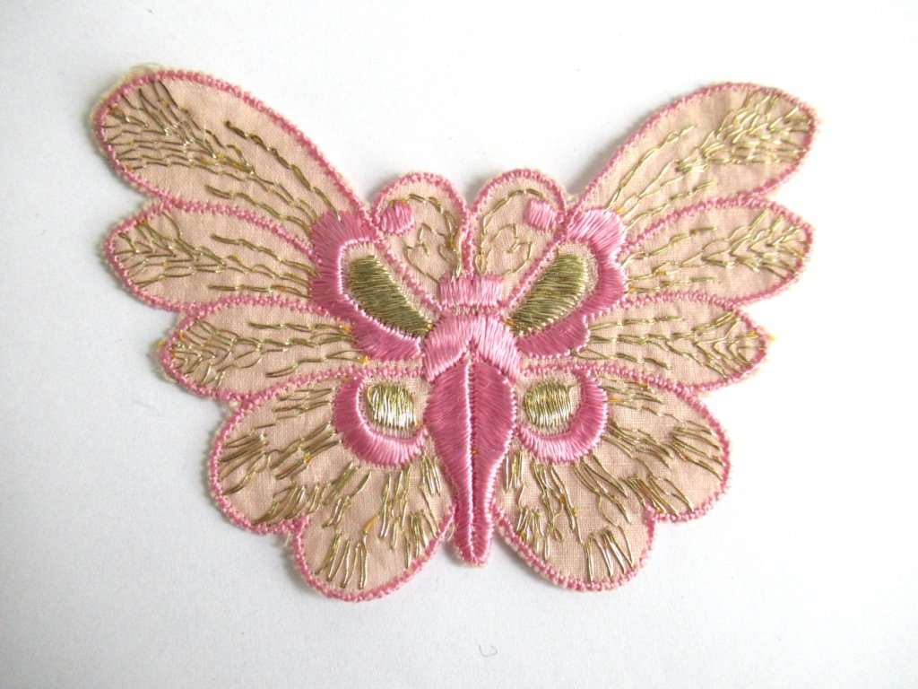 UpperDutch:Sewing Supplies,Pink Butterfly applique, 1930s vintage embroidered applique. Sewing supply. Applique, Crazy quilt