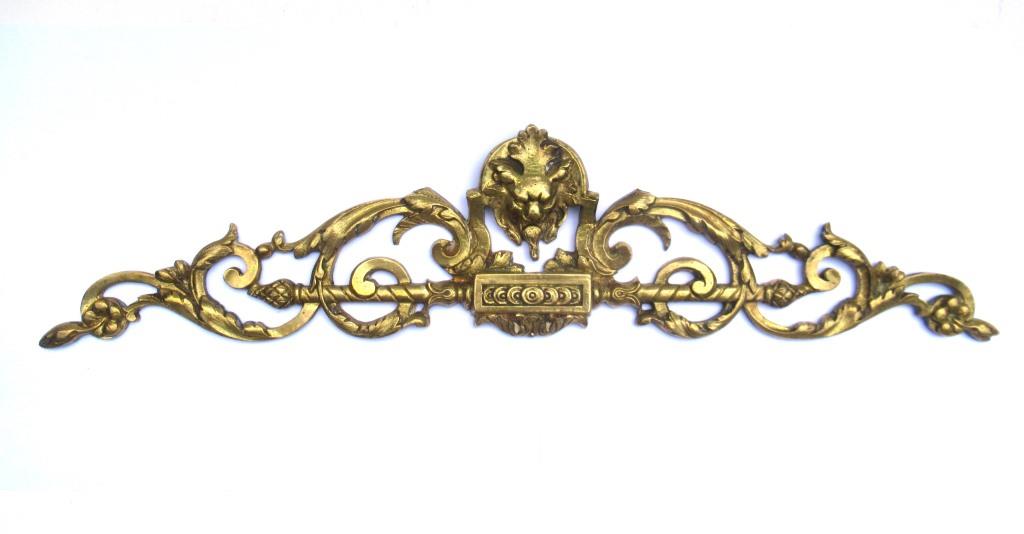 Authentic Antique Solid Brass Furniture Applique with Lion head. Front on. Hardware, embellishment.