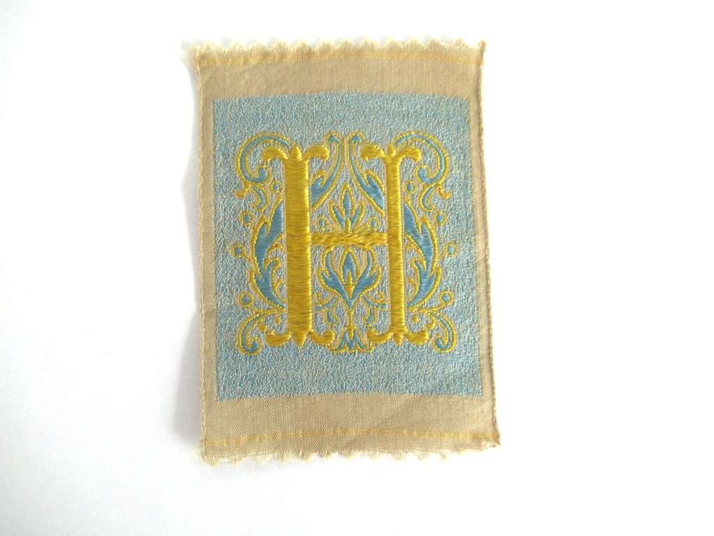 UpperDutch:,Letter H monogram Applique, 1930s Vintage Embroidered applique. Alphabet letter H Monogram application, antique letter.