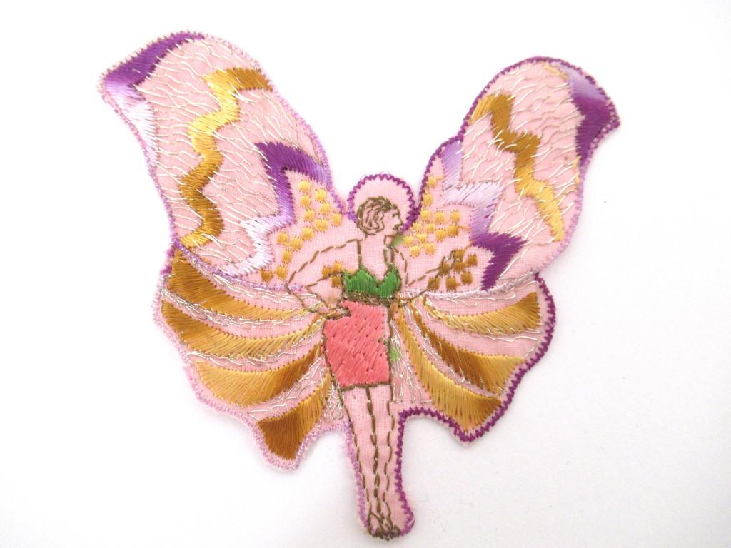 Rare Antique Fairy Applique 1930s, Flapper girl, Silk on Cotton, butterfly, patch.