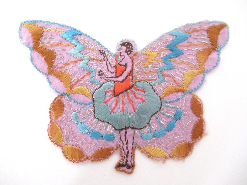 Rare Antique Fairy Applique 1930s, Flapper girl, Silk on Cotton, butterfly, patch.