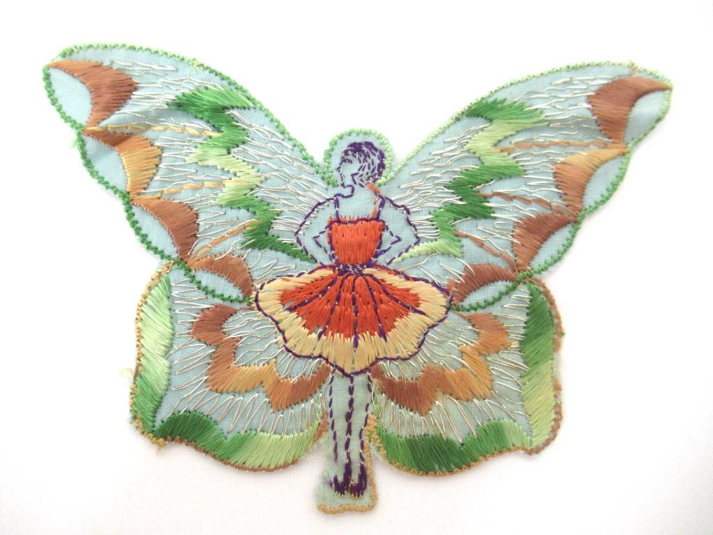 Rare Antique Fairy Applique 1930s, Flapper girl, Silk on Cotton, butterfly, patch.