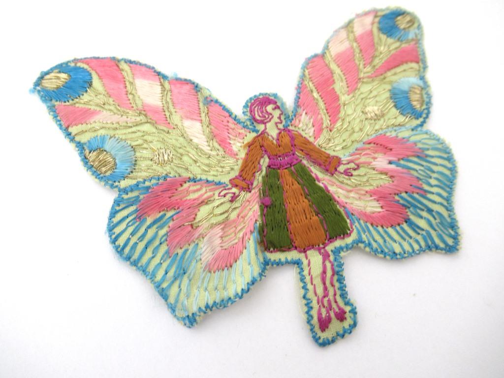 Rare Antique Fairy Applique 1930s, Flapper girl, Silk on Cotton, butterfly, patch.