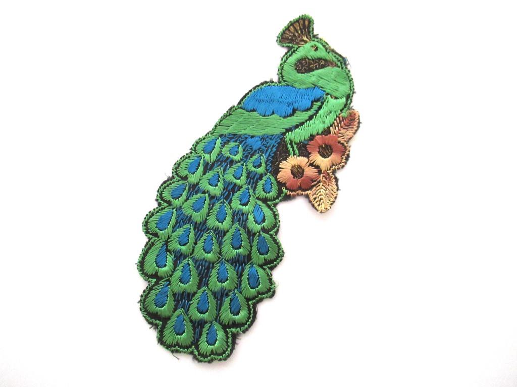 Peacock Applique 1930s Antique Embroidered Peacock applique, patch. Vintage bird patch, sewing supply.