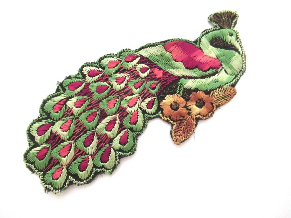 Peacock Applique 1930s Antique Embroidered Peacock applique, patch. Vintage bird patch, sewing supply.