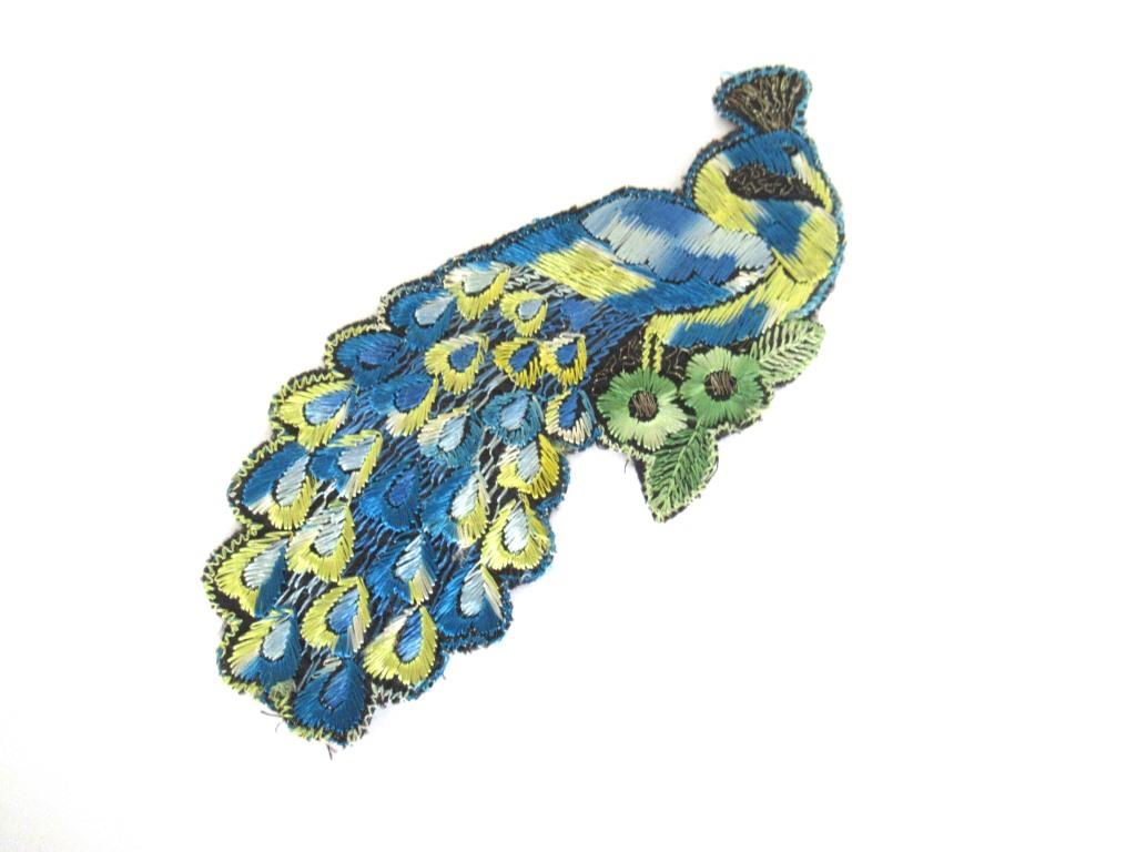 Peacock Applique 1930s Antique Embroidered Peacock applique, patch. Vintage bird patch, sewing supply.