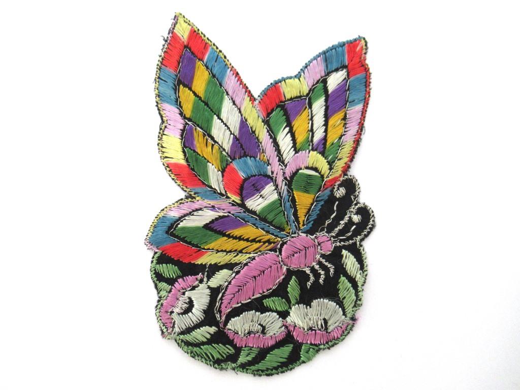 Antique Applique butterfly applique, 1930s vintage embroidered applique. Vintage floral patch, sewing supply.