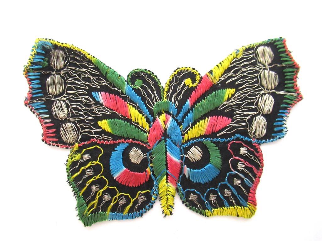 Butterfly applique, 1930s vintage embroidered applique. Vintage patch, sewing supply. Applique, Crazy quilt.