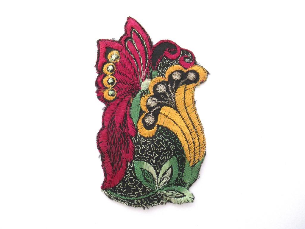 Butterfly on flower applique, 1930s vintage embroidered applique. Vintage floral patch, sewing supply.