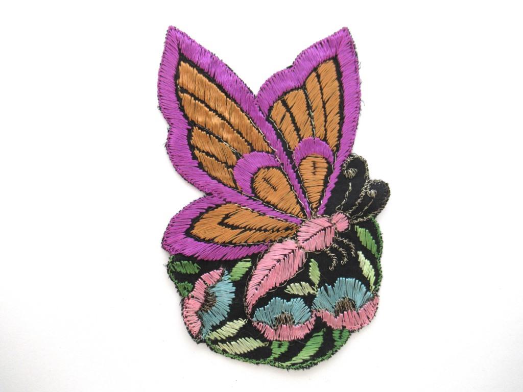 Applique, butterfly applique, 1930s vintage embroidered applique. Vintage floral patch, sewing supply.
