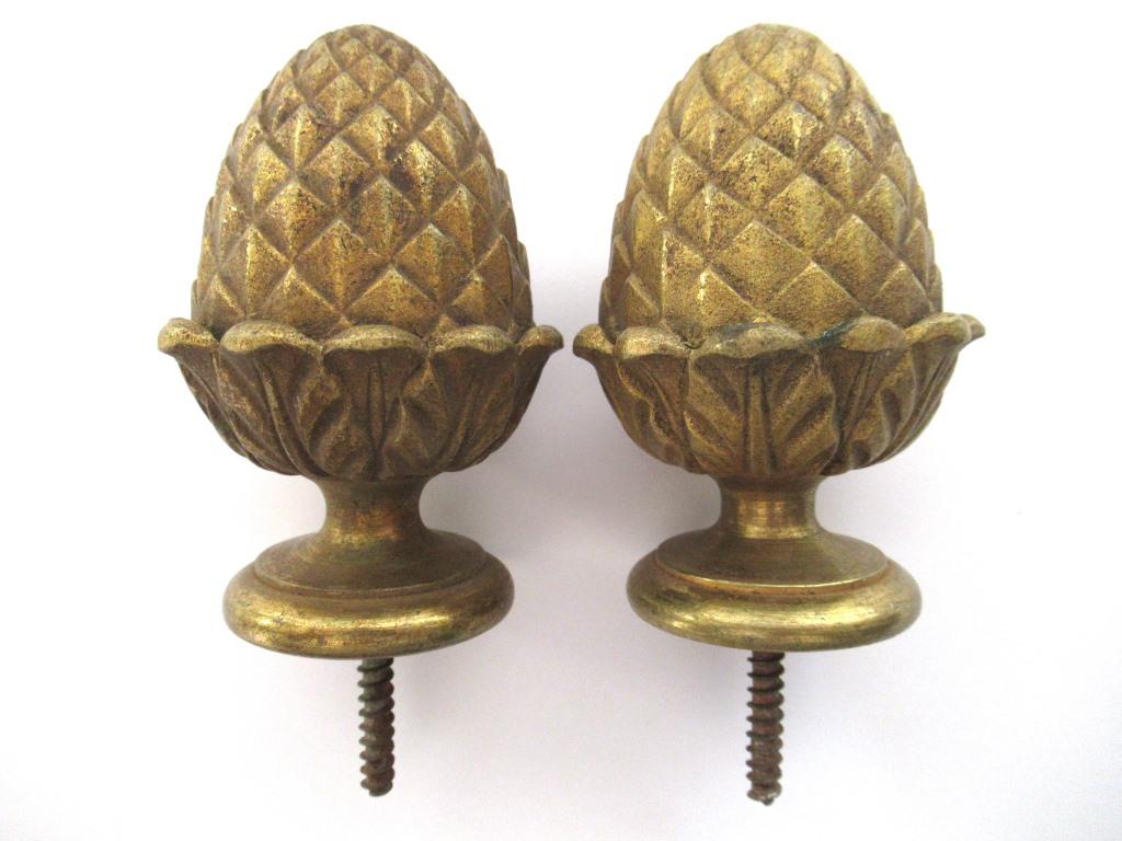 Antique Pinecone, Acorn Finials - Set of 2 - Brass Ornament.