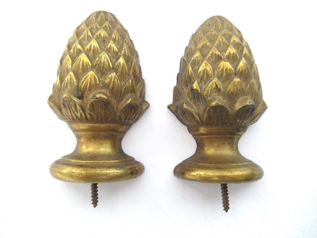 Antique half Pinecone, Acorn Finials - Set of 2 - Brass Ornament.