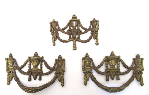 Antique drawer handles and keyhole cover, set of 3, cabinet hardware, goat, satyr, ram, belier.