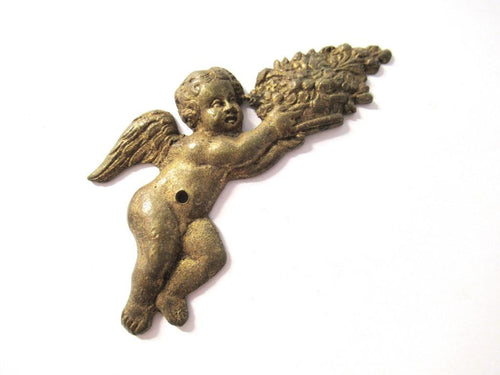Antique Small Brass applique, ornament, embellishment, pediment, cherub, putti, angel.