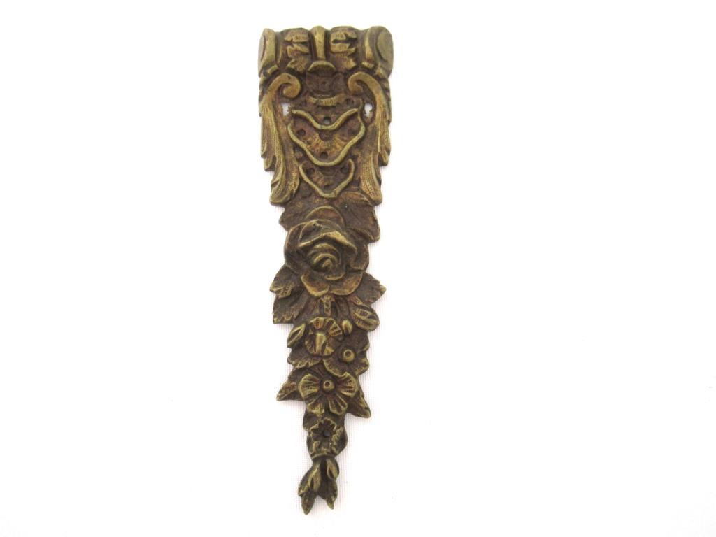 Antique Brass Embellishment with roses, flowers. Decoration mount, pediment, restoration supplies.