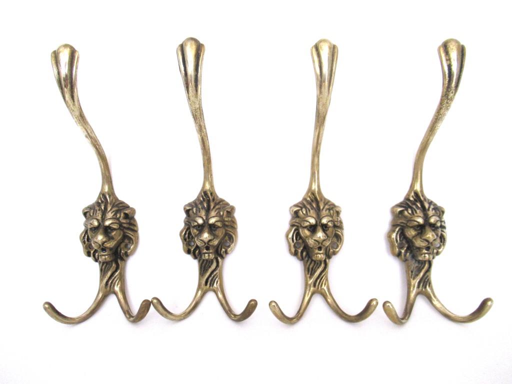 Set of 4 Lion hooks Solid Brass Lion Head Wall hook - Coat hooks. Decorative animal storage solution, coat hangers.