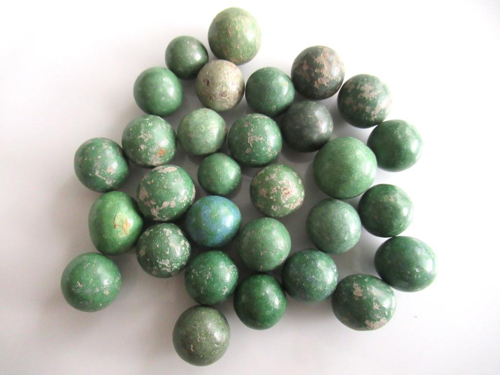 Green Marbles, Set of 30 green Antique Clay Marbles.