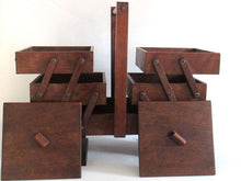 UpperDutch:Furniture,Sewing chest, Antique Wooden Sewing Box on legs. Storage box for sewing supplies or jewelry. Cantilever sewing box.