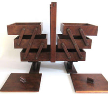 UpperDutch:Furniture,Sewing chest, Antique Wooden Sewing Box on legs. Storage box for sewing supplies or jewelry. Cantilever sewing box.