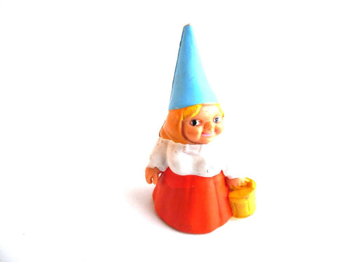 UpperDutch:,1 (ONE) Gnome figurine in orange dress, Gnome after a design by Rien Poortvliet, Brb Gnome, Lisa the Gnome carrying a bucket.