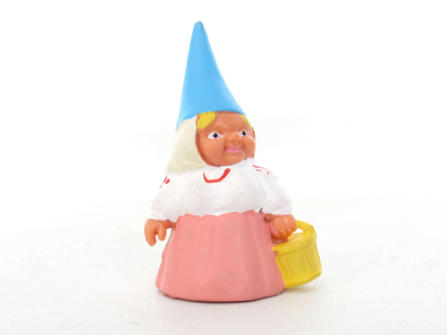 UpperDutch:,1 (ONE) Gnome figurine in pink dress, Gnome after a design by Rien Poortvliet, Brb Gnome, Lisa the Gnome carrying a bucket.