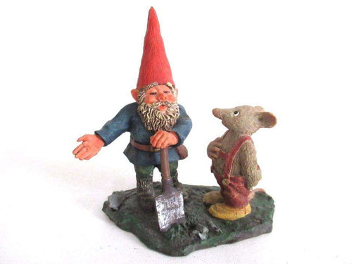 UpperDutch:,Designed by Rien Poortvliet. 'Al with Mouse' Gnome with shovel and mouse figurine. Part of the 2001 Classic Gnomes series.