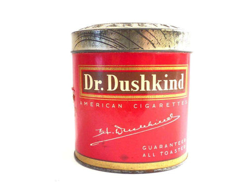 UpperDutch:Tin,Tobacco tin. Golden-Tin Dr Dushkind American Cigarettes tin. Collectible advertising tobacco. Tobacciana, storage.