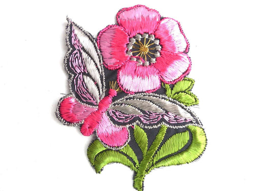 UpperDutch:Sewing Supplies,Applique, butterfly, flower patch, 1930s vintage embroidered applique. Vintage floral patch, sewing supply.