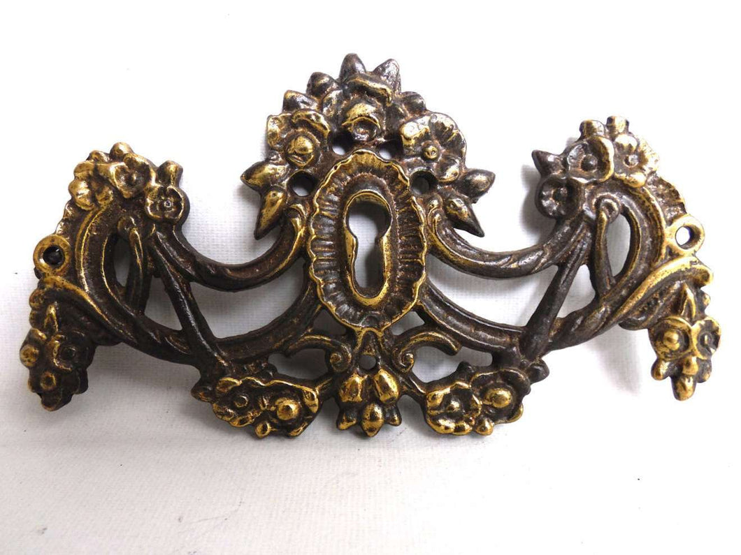 UpperDutch:Hooks and Hardware,1 (ONE) Keyhole Cover, Antique Ornate Stamped Keyhole Cover, Escutcheon, Floral Brass Keyhole frame, Furniture Applique.
