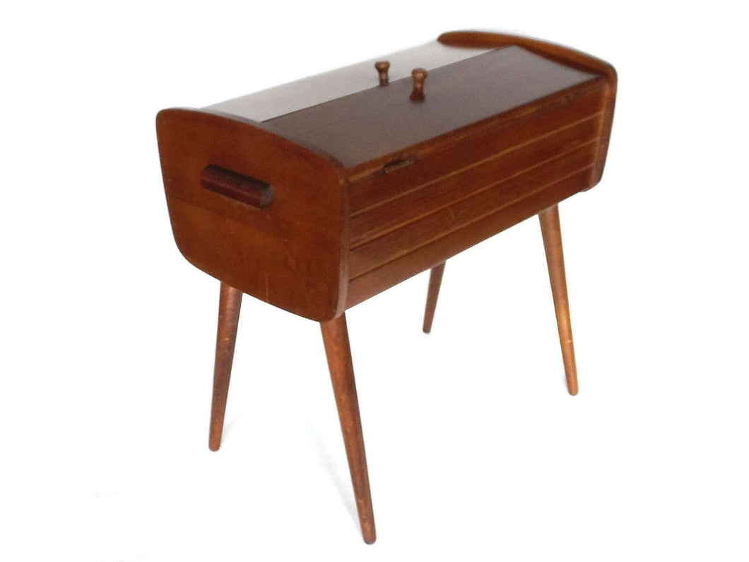 UpperDutch:Furniture,Sewing chest, Vintage Wooden Sewing Box on legs. Storage box for sewing supplies or jewelry. Sewing box.