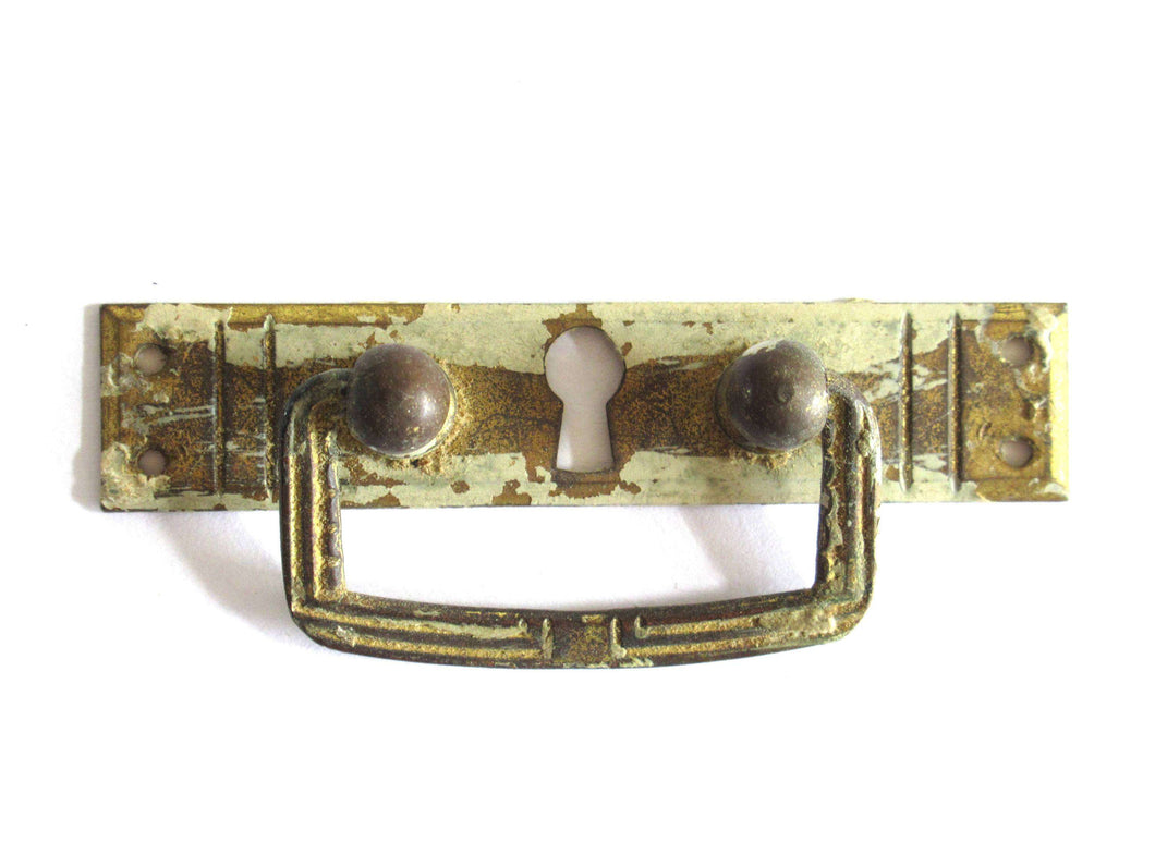 UpperDutch:Hooks and Hardware,1 (ONE) Tiny Antique shabby Art deco Keyhole cover / Shabby Cabinet drop pull / Old Key Hole Plate / Hanging Handle / Escutcheon