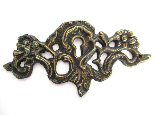 UpperDutch:,Keyhole frame Escutcheon, Antique Brass Key hole cover, plate, floral. Victorian, art nouveau furniture hardware. Jugendstil