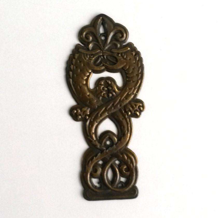 UpperDutch:Hooks and Hardware,1 Vintage solid brass dragon Applique / ornament / escutcheon. Furniture applique, cabinet hardware. Fighting dragons