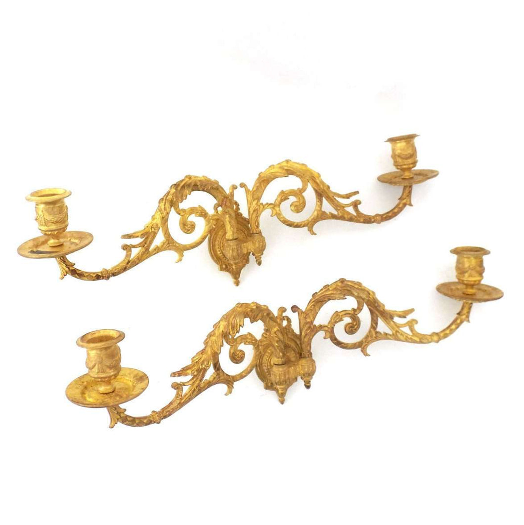 UpperDutch:Candelabras,Piano Sconses, Pair Antique Gilded Brass French Candle holders, Victorian Candle wall sconce.