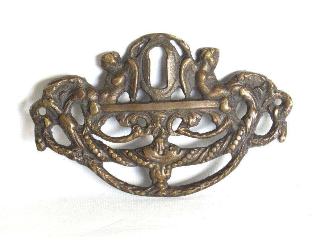 UpperDutch:,Angel Escutcheon, Antique Brass Keyhole cover, keyhole frame plate, floral. Restoration furniture hardware. Home improvement.