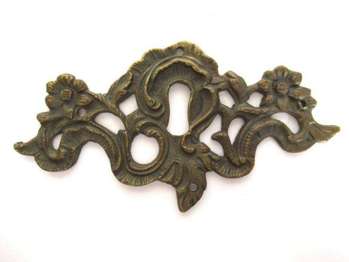 UpperDutch:,Antique Brass Keyhole cover, escutcheon, keyhole frame plate, floral. Victorian, art nouveau furniture hardware.