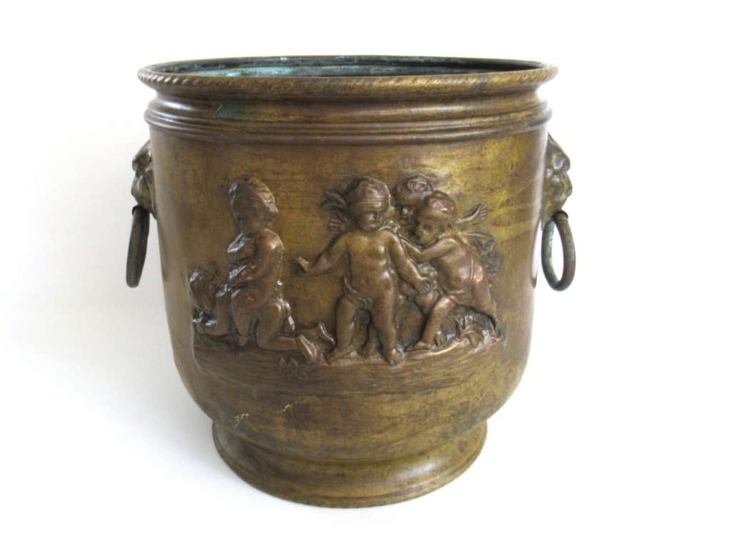 UpperDutch:Planter,Antique Brass Victorian Planter with Putti Angels cherubs Lion Handles, Brass Planter, Copper Pot, Antique Copper Planter