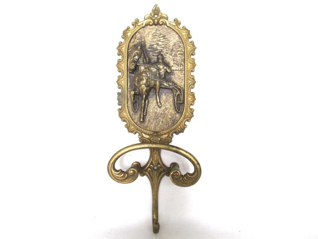 UpperDutch:,Antique Solid Brass Coat Hook, Horse - Equestrian - horse and carriage - Horse race.