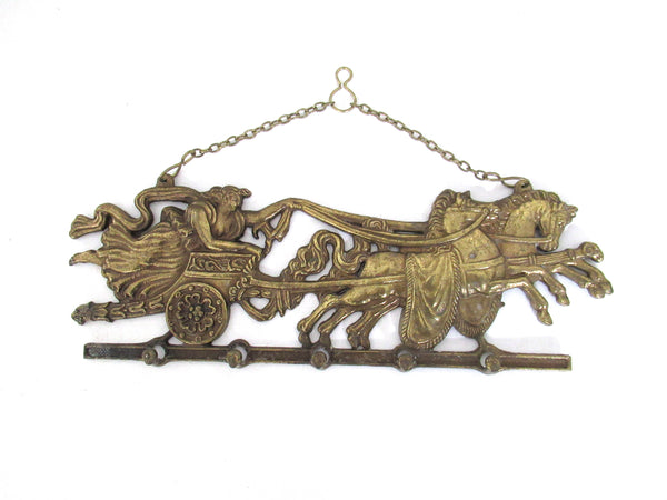 Stunning equestrian wall rack - Antique Brass wall hanging rack with Chariot and Horses - Key Holder.