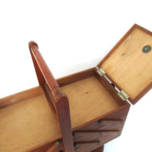 Antique wooden sewing box on legs. Storage box for sewing supplies or jewelry. Cantilever sewing box.