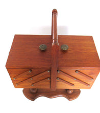 Antique wooden sewing box on legs. Storage box for sewing supplies or jewelry. Cantilever sewing box.