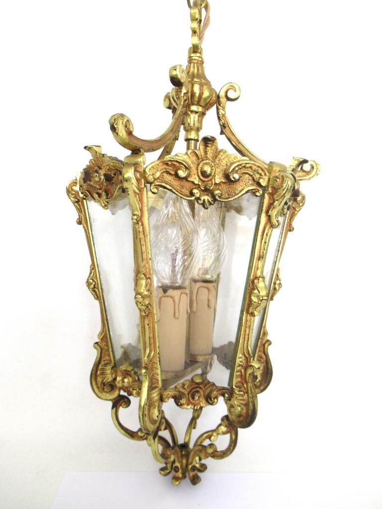 Brass five-sided French Hanging Ceiling Light Pendent Chandelier, 1950s Louis XV style.