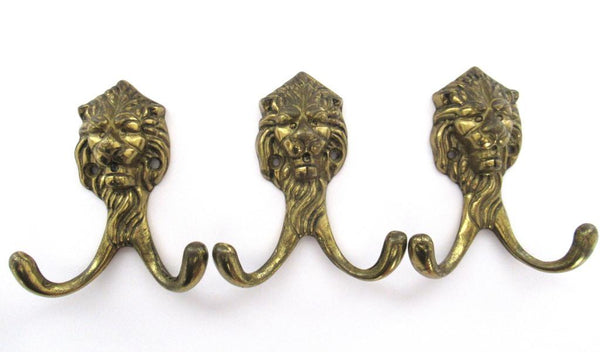 Lion Wall hooks, Set of 3 Brass Lion Head Coat hook, Wall hooks, Solid Brass.