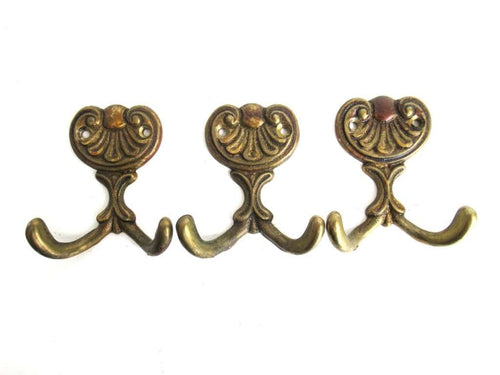 UpperDutch:Hooks and Hardware,Set of 3 Small Wall hooks, Antique Coat hook, Towel hook, Kitchen hook, Solid brass.