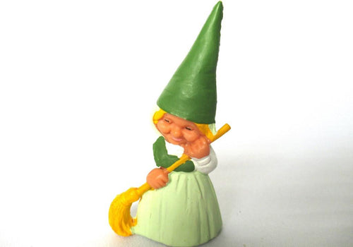 Sweeping Gnome figurine green dress, Gnome after a design by Rien Poortvliet, Brb Gnome with broom, Lisa the Gnome.